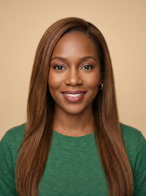 Professional studio headshot of a 34-year-old Black Caribbean woman with long straight chestnut hair