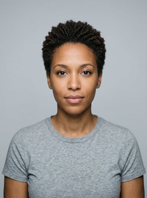 Professional studio headshot of a 32-year-old North African woman with a tapered natural cut in dark