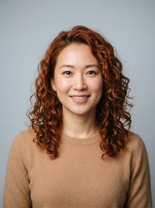 Professional studio headshot of a 34-year-old East Asian woman with shoulder-length curly auburn hai
