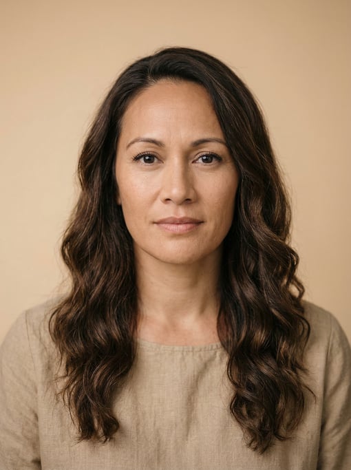 Professional studio headshot of a 40-year-old Pacific Islander woman with long wavy dark brown hair
