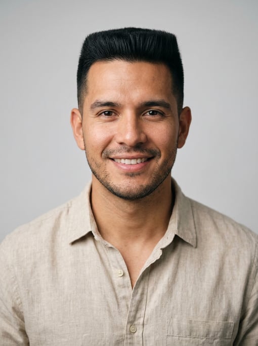 Professional studio headshot of a 27-year-old Latino man with a flat top in black