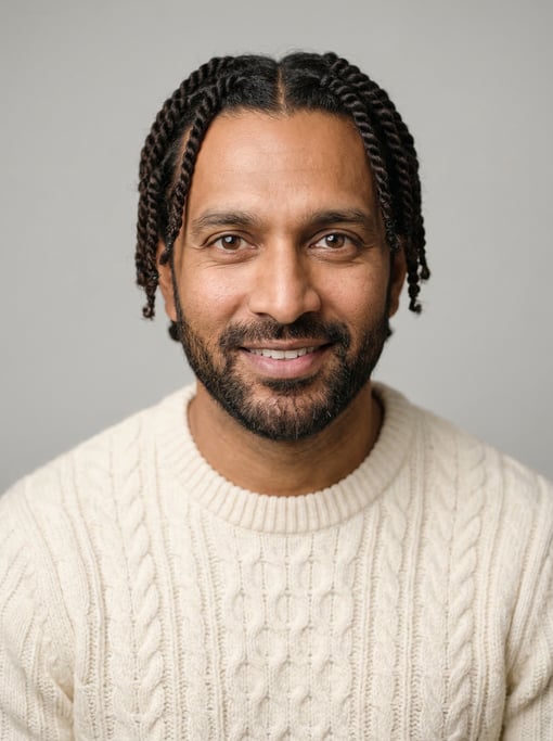 Professional studio headshot of a 40-year-old South Asian man with twists in dark brown