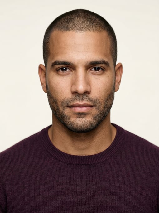 Professional studio headshot of a 30-year-old Dominican man with a buzz cut in brown