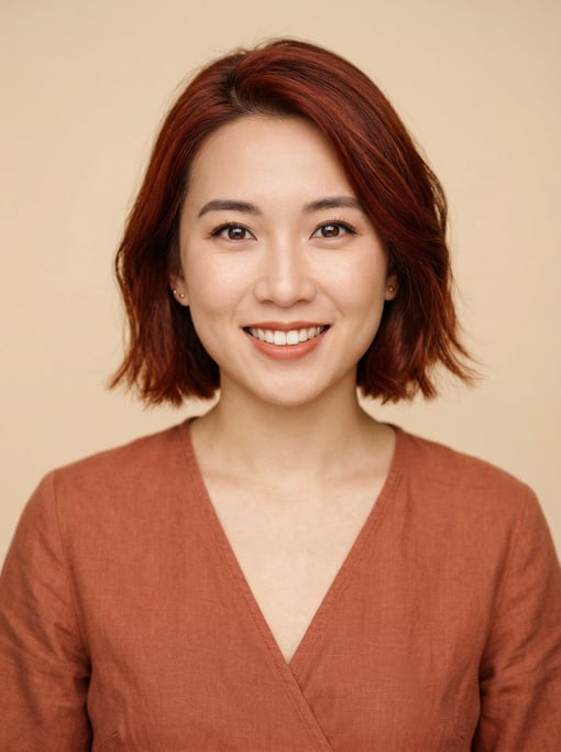 Professional studio headshot of a 28-year-old East Asian woman with a chin-length bob in auburn