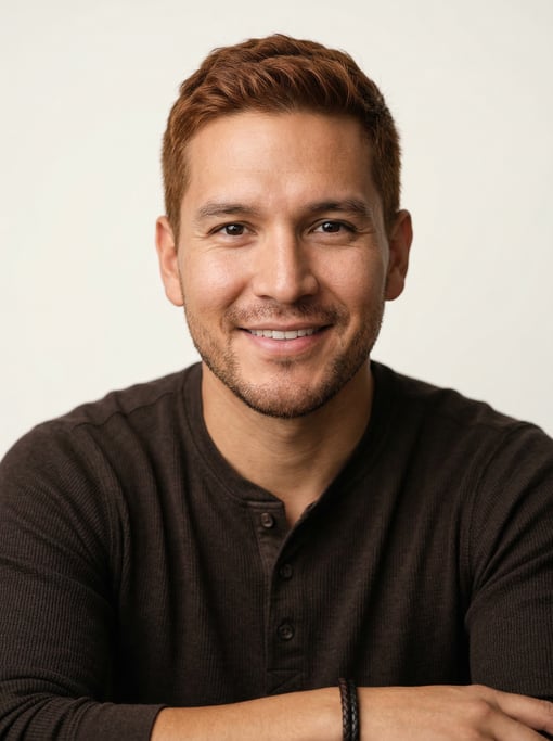 Professional studio headshot of a 32-year-old Native American man with short auburn hair