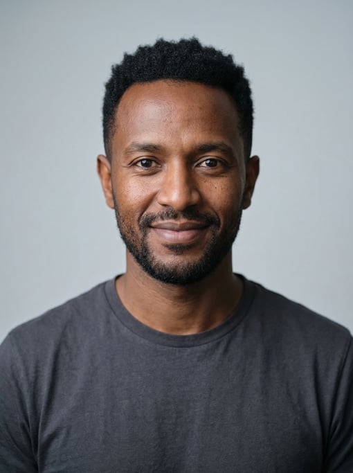 Professional studio headshot of a 37-year-old East African man with a black textured crop