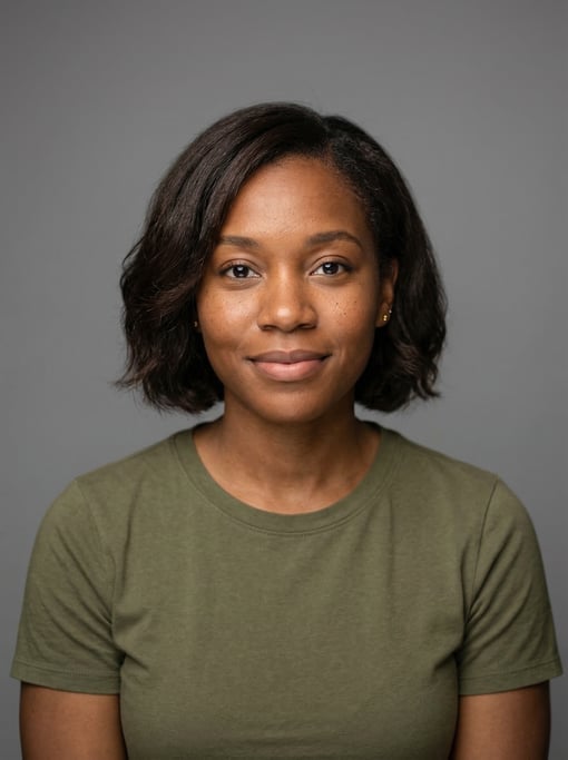 Professional studio headshot of a 24-year-old Black American woman with a chin-length bob in dark br