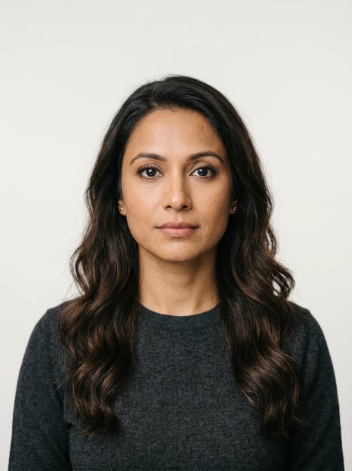 Professional studio headshot of a 37-year-old Bengali woman with long wavy dark brown hair