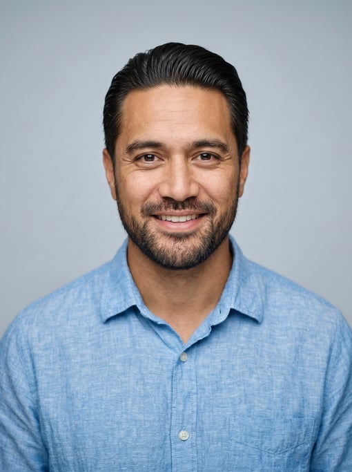 Professional studio headshot of a 35-year-old Polynesian man with a slicked-back style in dark brown