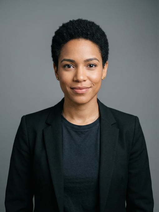Professional studio headshot of a 31-year-old Puerto Rican woman with a short TWA hairstyle in black
