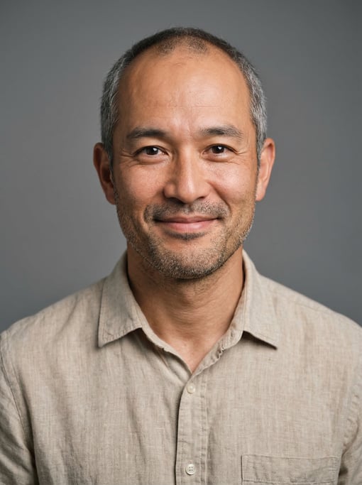 Professional studio headshot of a 38-year-old Japanese man with receding hairline with short grey ha