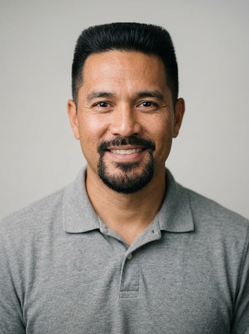 Professional studio headshot of a 38-year-old Hawaiian man with a flat top in black, a goatee