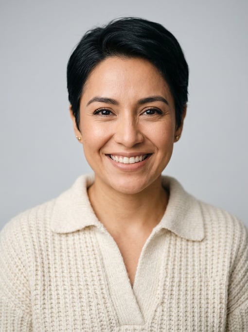 Professional studio headshot of a 31-year-old Mexican woman with a short pixie cut in black