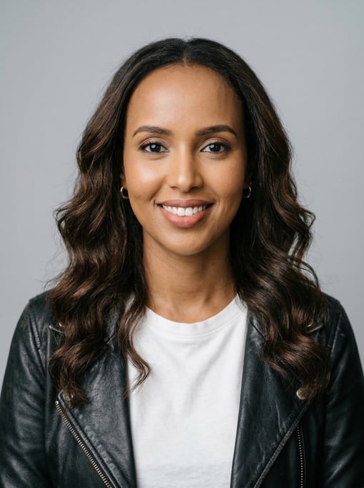 Professional studio headshot of a 31-year-old Somali woman with long wavy dark brown hair