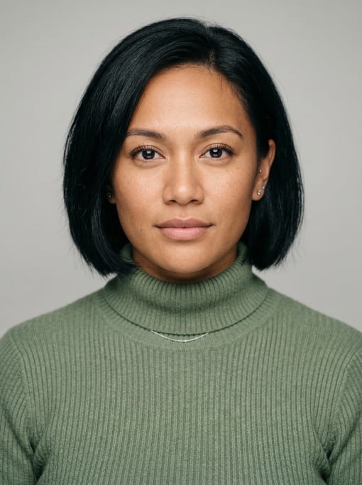 Professional studio headshot of a 28-year-old Pacific Islander woman with a chin-length bob in jet b