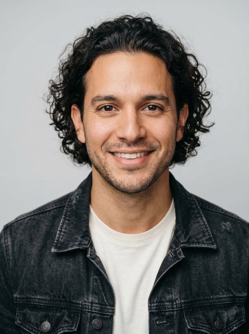 Professional studio headshot of a 32-year-old Puerto Rican man with medium-length curly dark hair
