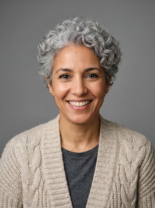 Professional studio headshot of a 38-year-old North African woman with a short curly silver-grey cro