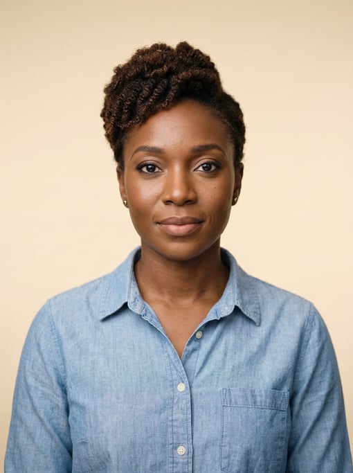 Professional studio headshot of a 33-year-old Nigerian woman with a tapered natural cut in dark brow