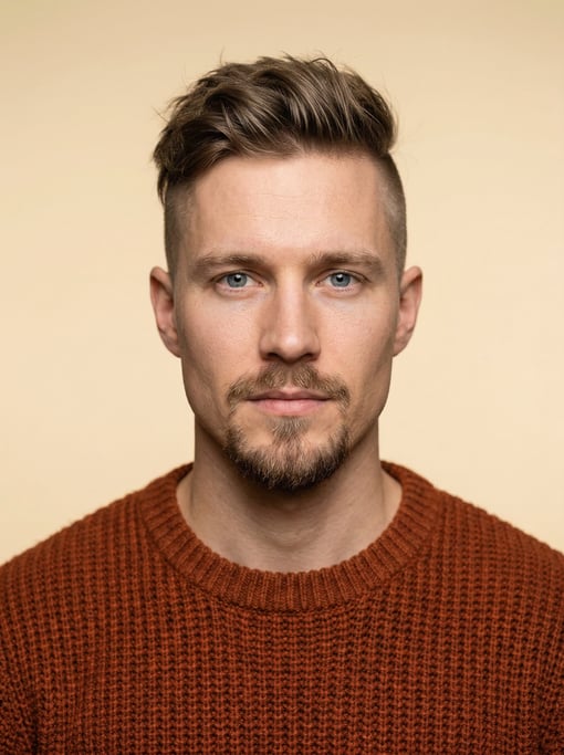 Professional studio headshot of a 26-year-old White Nordic man with an undercut with longer textured