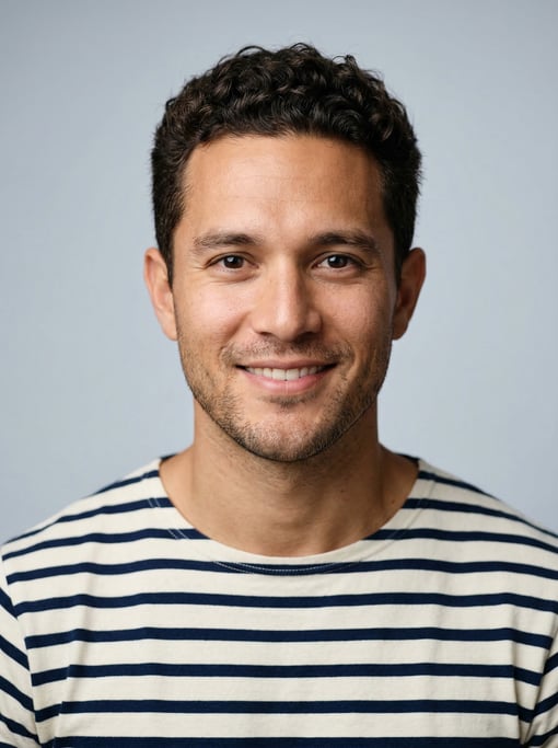 Professional studio headshot of a 30-year-old Hawaiian man with short curly dark brown hair