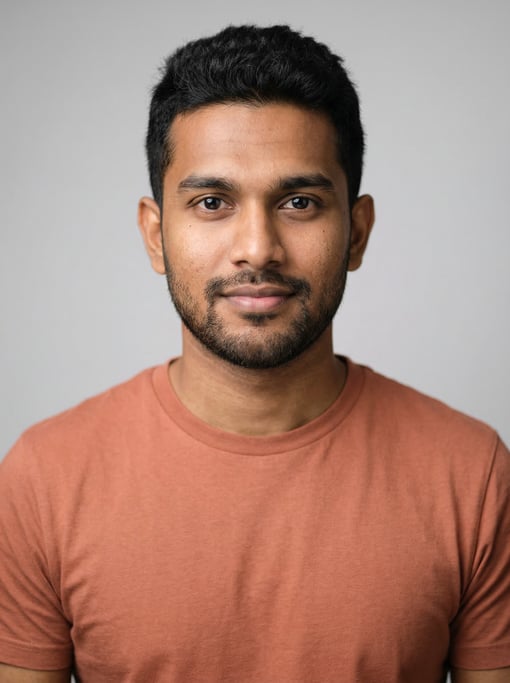 Professional studio headshot of a 25-year-old Sri Lankan man with short textured black hair