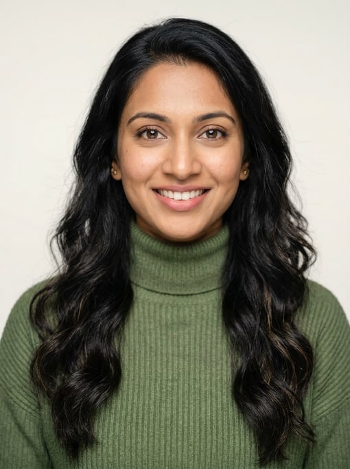 Professional studio headshot of a 28-year-old South Asian woman with long wavy black hair
