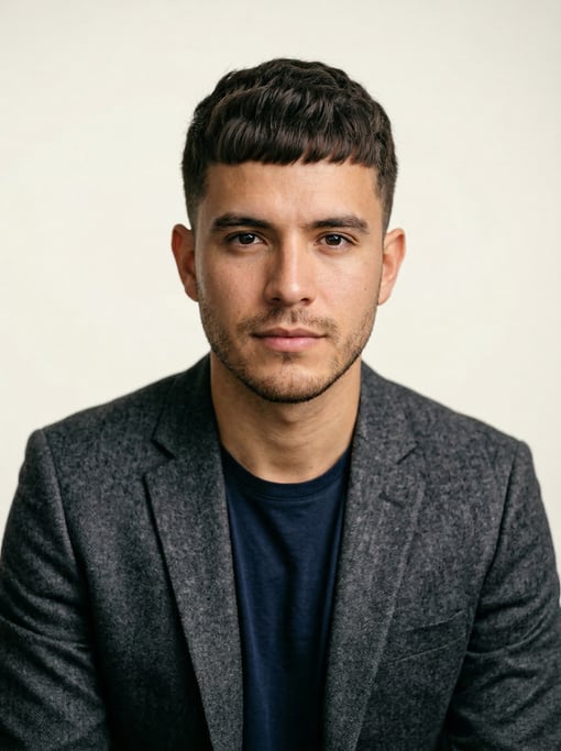 Professional studio headshot of a 24-year-old Colombian man with a French crop in dark brown