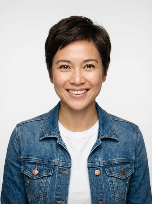 Professional studio headshot of a 30-year-old Southeast Asian woman with a short pixie cut in dark b