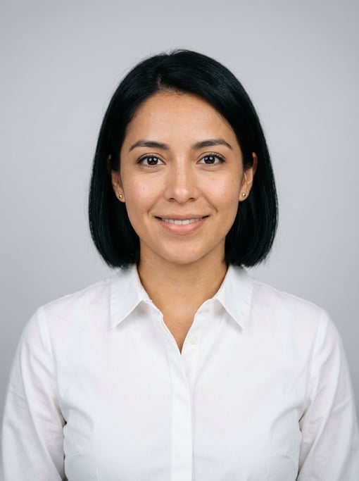 Professional studio headshot of a 27-year-old Mexican woman with a chin-length bob in jet black