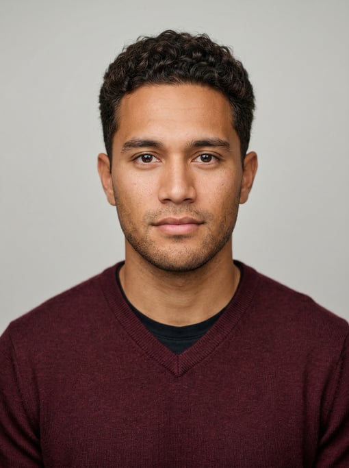 Professional studio headshot of a 24-year-old Hawaiian man with short curly dark brown hair