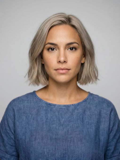 Professional studio headshot of a 28-year-old Puerto Rican woman with a chin-length bob in ash blond