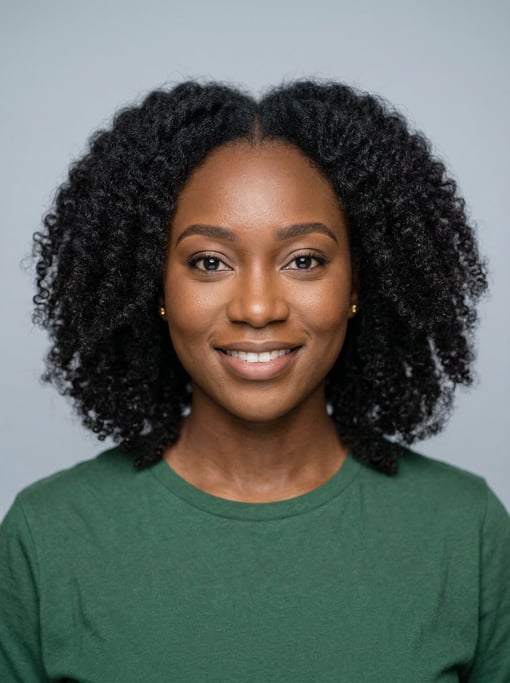 Professional studio headshot of a 26-year-old West African woman with shoulder-length coily natural