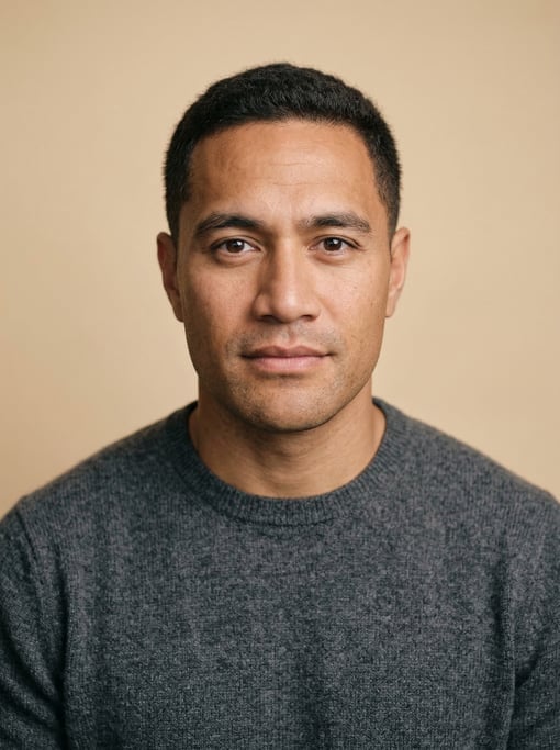 Professional studio headshot of a 34-year-old Pacific Islander man with short cropped dark brown hai