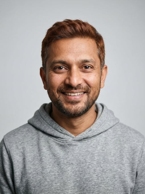 Professional studio headshot of a 38-year-old Bengali man with short red-brown hair