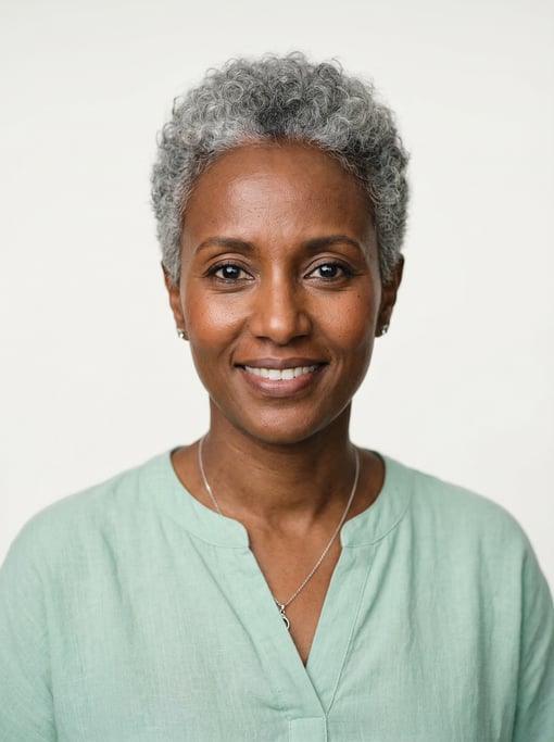 Professional studio headshot of a 40-year-old East African woman with a short curly silver-grey crop