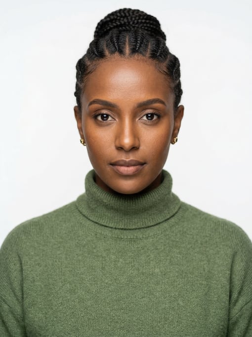 Professional studio headshot of a 30-year-old Ethiopian woman with cornrows pulled back neatly