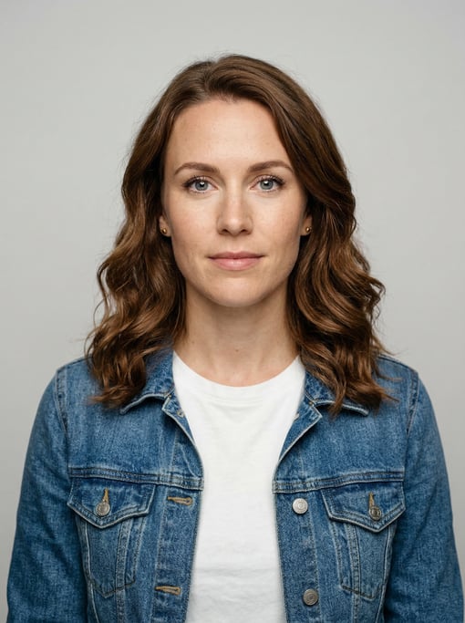 Professional studio headshot of a 28-year-old White Nordic woman with shoulder-length wavy chestnut