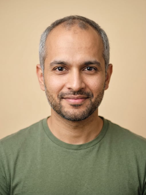 Professional studio headshot of a 28-year-old South Asian man with receding hairline with short grey