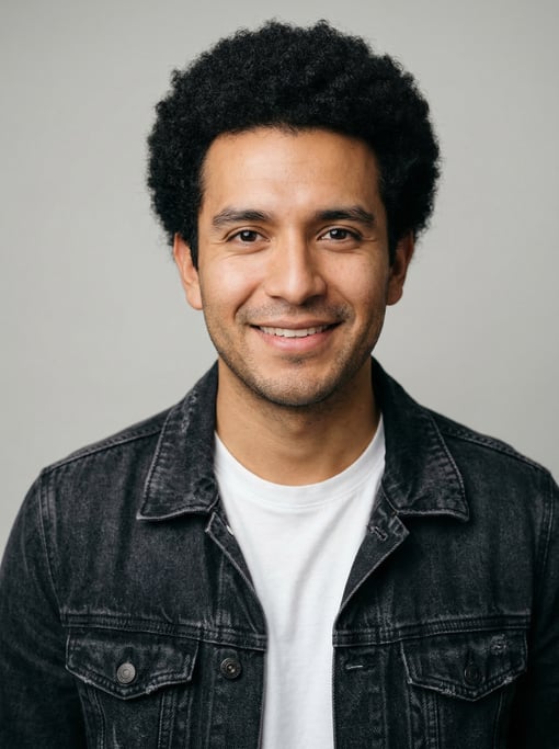 Professional studio headshot of a 27-year-old Mexican man with a short natural afro in black