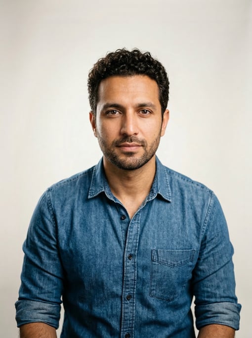 Professional studio headshot of a 35-year-old Pakistani man with short curly dark brown hair
