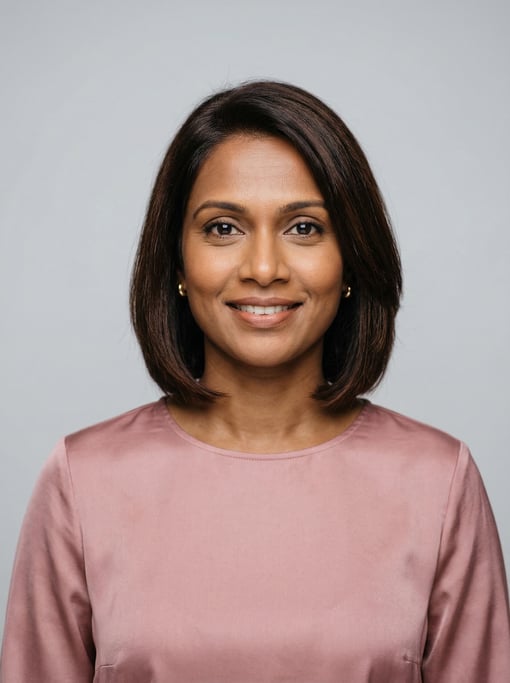 Professional studio headshot of a 39-year-old Sri Lankan woman with a chin-length bob in dark brown