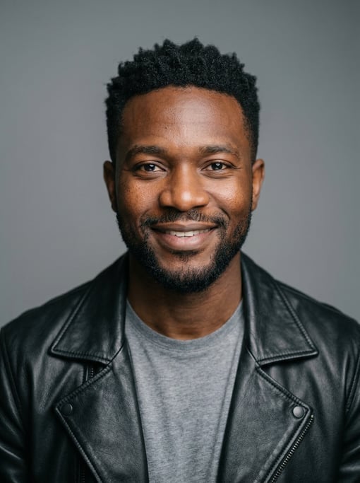 Professional studio headshot of a 29-year-old Black African man with a dark brown textured crop