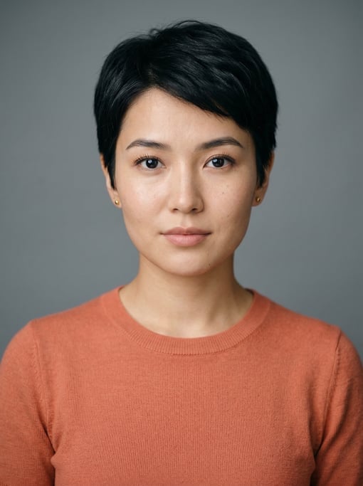 Professional studio headshot of a 24-year-old Central Asian woman with a short pixie cut in black