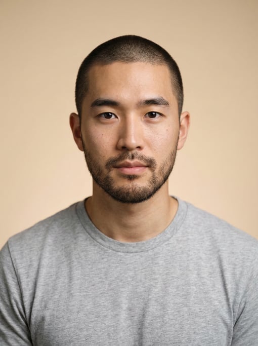 Professional studio headshot of a 26-year-old Korean man with a buzz cut in brown