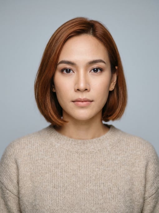 Professional studio headshot of a 29-year-old Thai woman with a chin-length bob in auburn