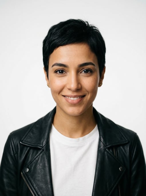 Professional studio headshot of a 25-year-old North African woman with a short pixie cut in black