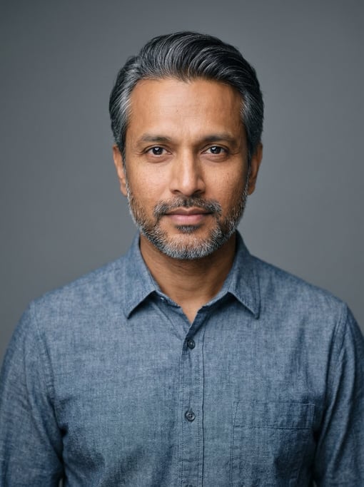 Professional studio headshot of a 39-year-old Bengali man with silver-streaked dark hair combed back