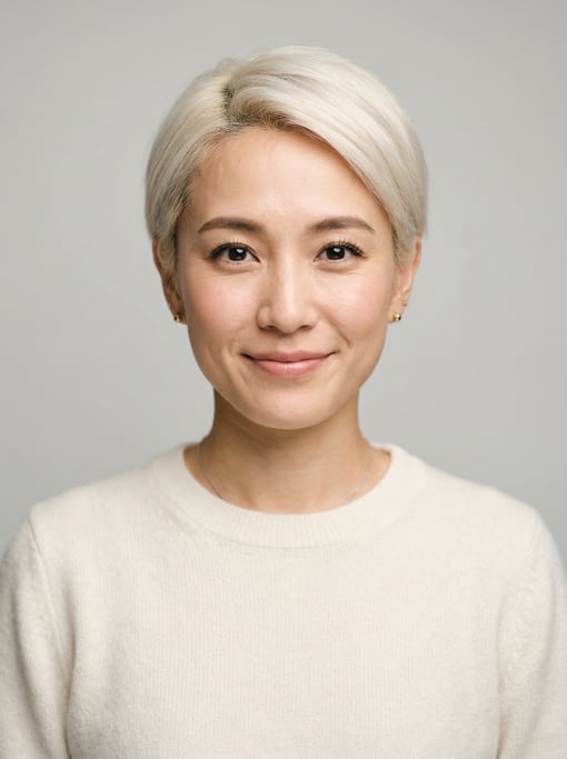 Professional studio headshot of a 31-year-old Japanese woman with a short pixie cut in platinum blon
