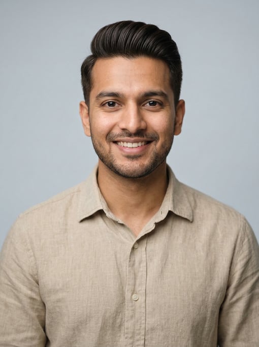 Professional studio headshot of a 26-year-old Indian man with a pompadour in dark brown
