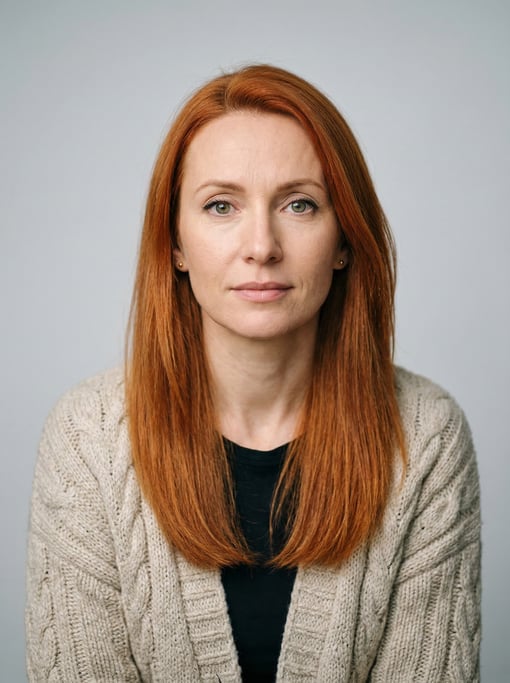 Professional studio headshot of a 40-year-old White Eastern European woman with long straight copper